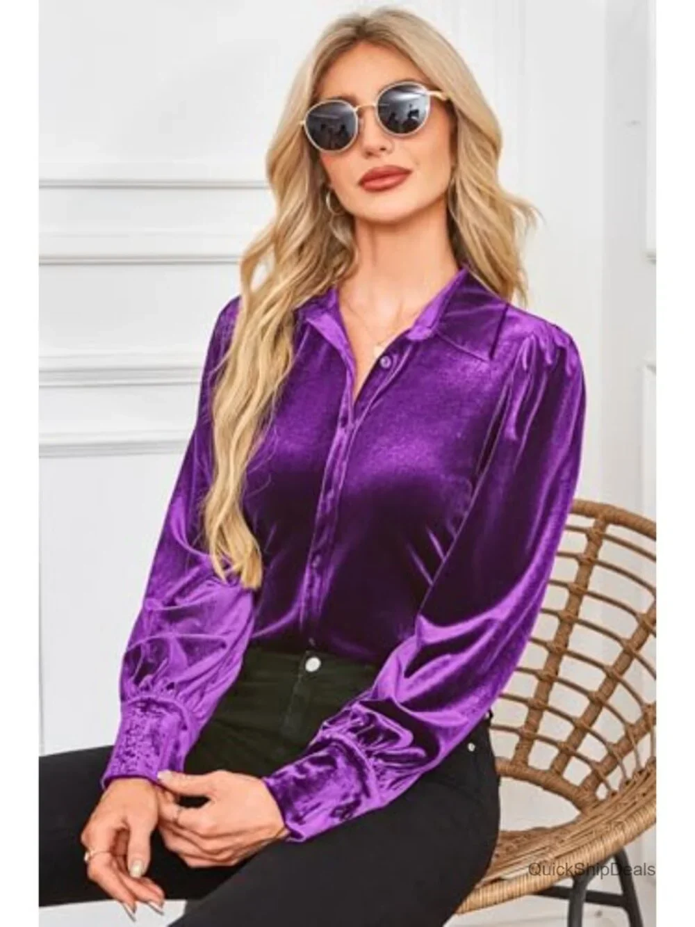 Luxe Velvet Long Sleeve Button Down Blouse with Puff Sleeves